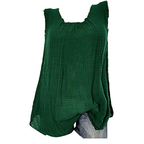 VECDY Blusas para Mujer Elegantes Tallas Grandes, Camiseta Sin Mangas Holgada del Chaleco Algodon Lino Camiseta Suelto Verano Tops Casual Fiesta T-Shirt Ajustable （Verde，3XL）