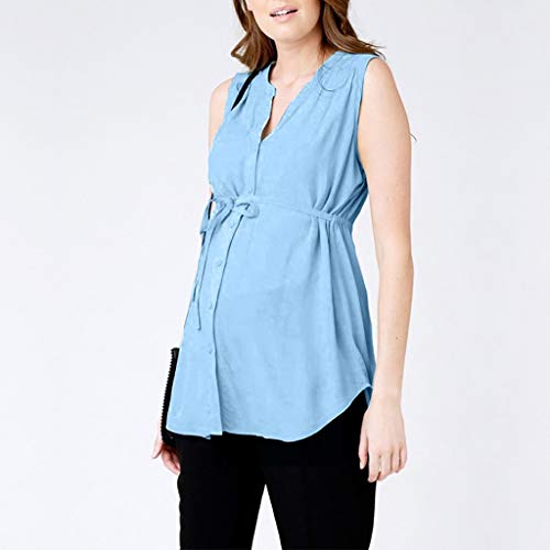 VECDY Blusas Premamá, Verano Camisetas Moda para Embarazadas Maternidad Enfermería Sólido Lactancia Sin Manga Rayas Blusa Paño Suave Camisa Tops Ropa Premama （Azul Cielo，L）