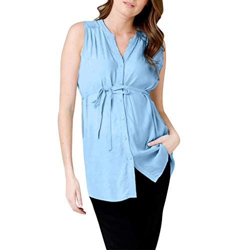 VECDY Blusas Premamá, Verano Camisetas Moda para Embarazadas Maternidad Enfermería Sólido Lactancia Sin Manga Rayas Blusa Paño Suave Camisa Tops Ropa Premama （Azul Cielo，L）