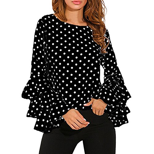 VECDY Moda Camisa Mujer Trompeta Manga Larga Suelta Lunares En Blanco Y Negro Camiseta Tops De Primavera Camisa Casual De Mujer（Negro ，2XL）