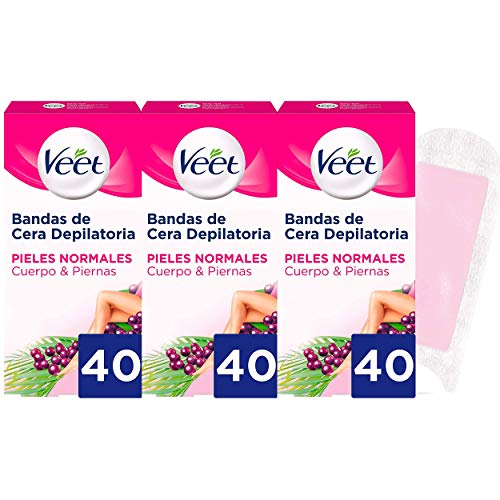 Veet Bandas de Cera Fria Depilatoria para Depilación de Cuerpo y Piernas con Aceite de Almendras, Easy Gelwax, Pieles Normales, 3 x 40 bandas, Total 120 Unidades