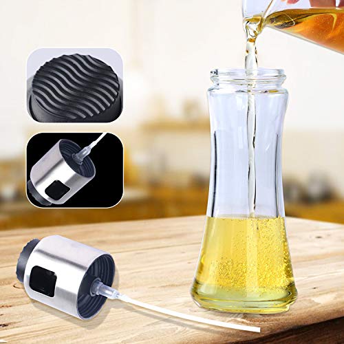 VEHHE Pulverizador Aceite 180ml Aceitera Spray, Dispensador Aceite de Oliva, Spray Aceite Cocina para Barbacoa, Horneando, Botella de Vidrio y Acero Inoxidable, con 3pcs Silicona Cepillo de Aceite