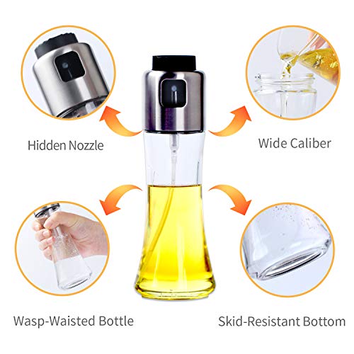 VEHHE Pulverizador Aceite 180ml Aceitera Spray, Dispensador Aceite de Oliva, Spray Aceite Cocina para Barbacoa, Horneando, Botella de Vidrio y Acero Inoxidable, con 3pcs Silicona Cepillo de Aceite