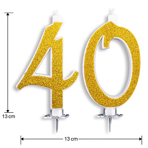 Velas Maxi de 40 años para Tarta de cumpleaños, 40 años, decoración de Velas de cumpleaños, Tarta 40, Fiesta temática, Altura 13 cm, Color Dorado Brillante