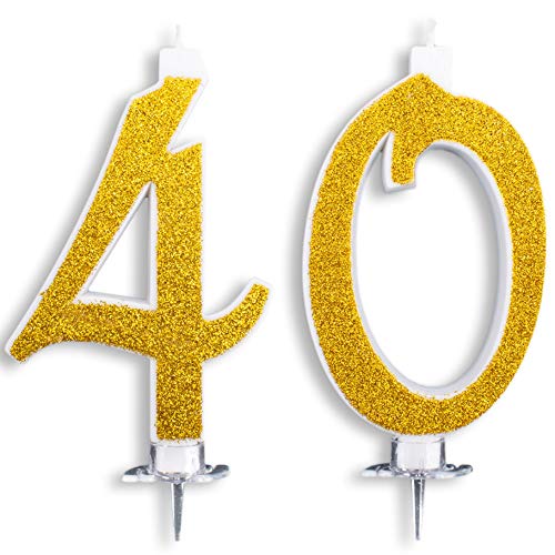 Velas Maxi de 40 años para Tarta de cumpleaños, 40 años, decoración de Velas de cumpleaños, Tarta 40, Fiesta temática, Altura 13 cm, Color Dorado Brillante