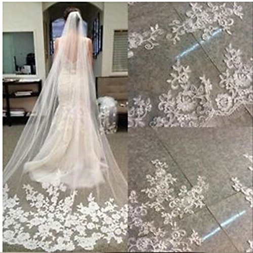 Velo de Novia de una Sola Capa Lianshi Bridal Veil Encaje Bordado Novia Suministros 3m (Ivory)