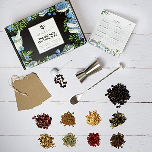 Vemacity The Ultimate - Kit para hacer ginebras, 13 botánicos para crear 10 deliciosas botellas de ginebra, incluye una cuchara, un jigger y un libro de recetas Accesorios de plata