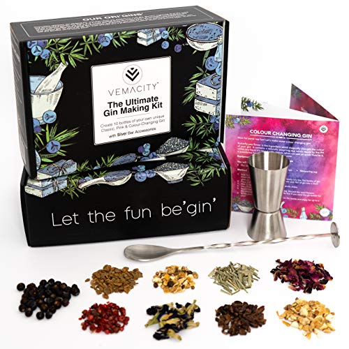 Vemacity The Ultimate - Kit para hacer ginebras, 13 botánicos para crear 10 deliciosas botellas de ginebra, incluye una cuchara, un jigger y un libro de recetas Accesorios de plata
