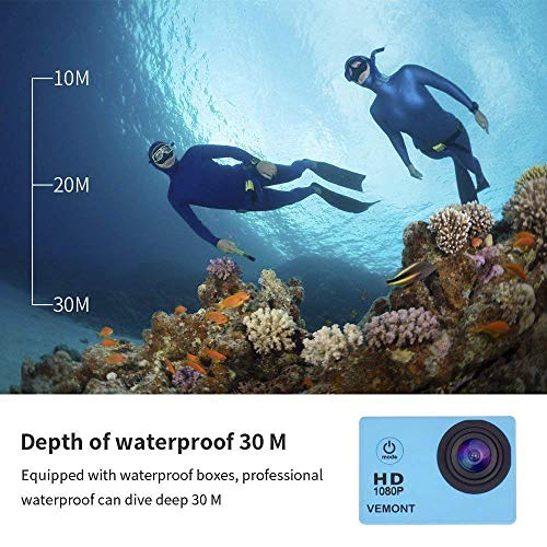VEMONT Cámara Deportiva 1080P HD Impermeable 30M Pantalla de 2.0 Lente de Gran Angular de 120 Grados Multiples Accesorios para Deportes y Actividades, Buceo, Nadar, Correr, Ciclismo, etc. (Azul)