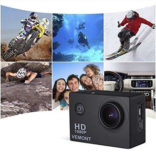 VEMONT Cámara Deportiva 1080P HD Impermeable 30M Pantalla de 2.0 Lente de Gran Angular de 120 Grados Multiples Accesorios para Deportes y Actividades, Buceo, Nadar, Correr, Ciclismo, etc. (Azul)