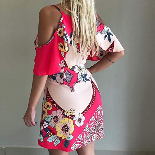 VEMOW Blusas Camisas Mini Vestido Corto de Verano con Estampado y Hombros Descubiertos con Tiras en los Hombros Falda(Rojo,XL)