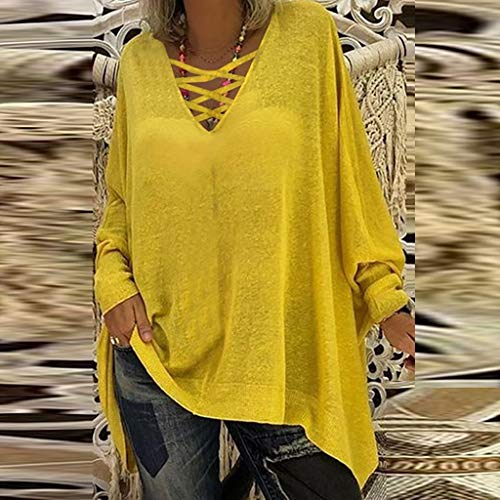 VEMOW Tops Mujer Blusa Camiseta T-Shirt Tamaño Suelto más Sólido Manga Larga Cuello en V Pull-Over Camisa Abrigos Invierno De Mujer OtoñO Chaqueta De TúNica(Amarillo,5XL)