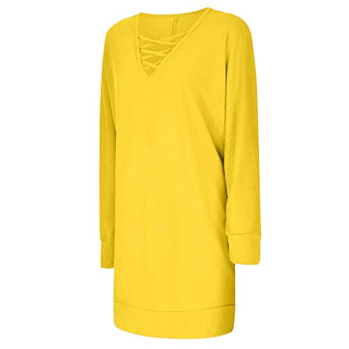 VEMOW Tops Mujer Blusa Camiseta T-Shirt Tamaño Suelto más Sólido Manga Larga Cuello en V Pull-Over Camisa Abrigos Invierno De Mujer OtoñO Chaqueta De TúNica(Amarillo,5XL)