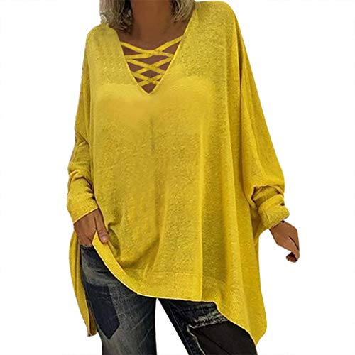 VEMOW Tops Mujer Blusa Camiseta T-Shirt Tamaño Suelto más Sólido Manga Larga Cuello en V Pull-Over Camisa Abrigos Invierno De Mujer OtoñO Chaqueta De TúNica(Amarillo,5XL)