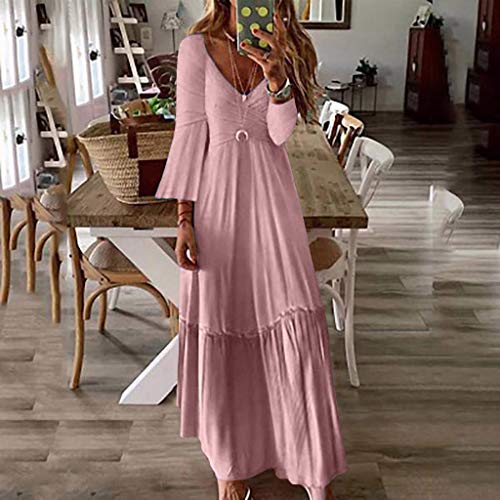 VEMOW Vestido Largo Vintage Elegante Falda con Cuello En V Y Cuello En V SóLido De Cintura Alta Casual para Mujer SeñOras Tallas Grandes Vestidos De Playa Verano Otoño(Rosado,2XL)