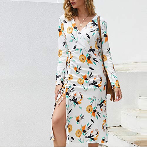 VEMOW Vestido Moda Mujer Casual Delgado Cuello Redondo Flores Impresión Manga Larga Elegante División Tenedor Mini Vestir OtoñO Invierno(Blanco,M)
