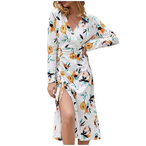 VEMOW Vestido Moda Mujer Casual Delgado Cuello Redondo Flores Impresión Manga Larga Elegante División Tenedor Mini Vestir OtoñO Invierno(Blanco,M)