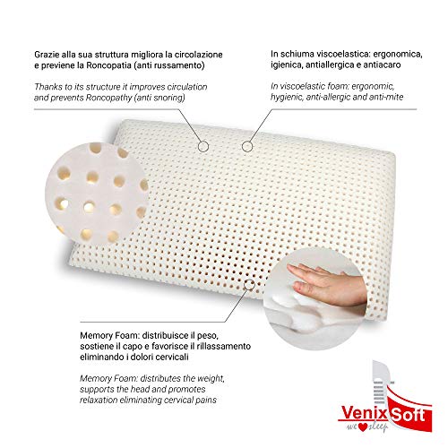 venixsoft - Almohada para Cama en Memory Foam - Anticervical - Transpirable - Funda de Aloe Vera desenfundable - Fabricada en Italia - Medidas 70 x 40 x 12 cm
