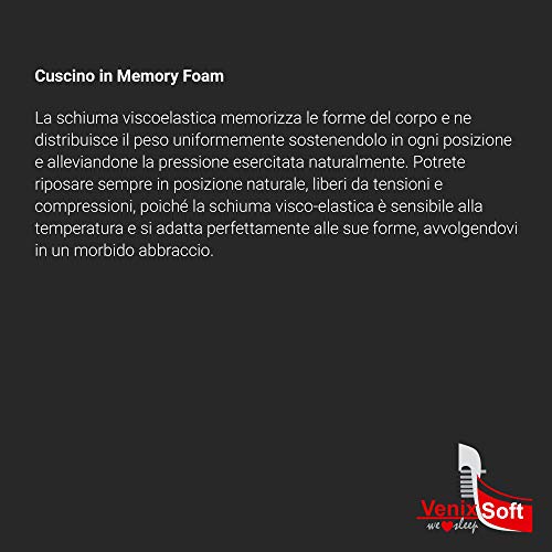 venixsoft - Almohada para Cama en Memory Foam - Anticervical - Transpirable - Funda de Aloe Vera desenfundable - Fabricada en Italia - Medidas 70 x 40 x 12 cm