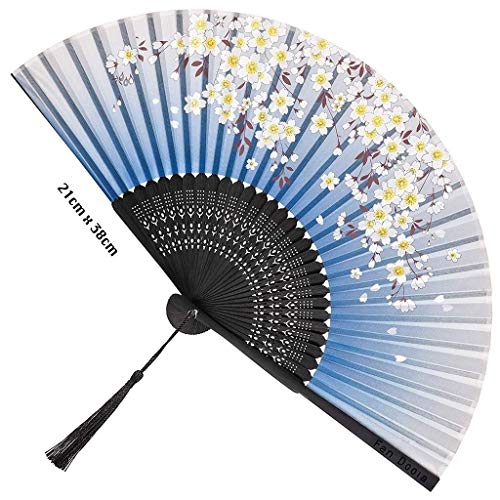 Ventilador de mano plegable de bambú chino con el patrón de la borla de la flor floral de mano plegable de los ventiladores de mano de la abanicos de seda de bambú Ventiladores for mujeres y hombres