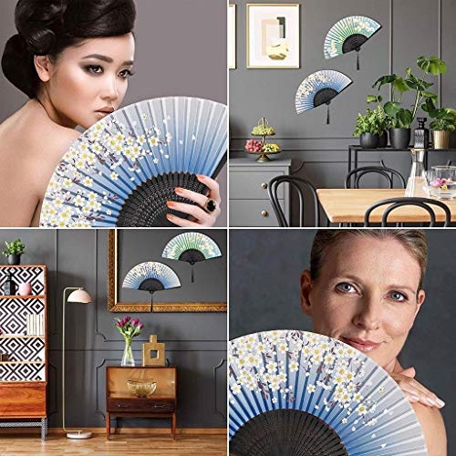 Ventilador de mano plegable de bambú chino con el patrón de la borla de la flor floral de mano plegable de los ventiladores de mano de la abanicos de seda de bambú Ventiladores for mujeres y hombres