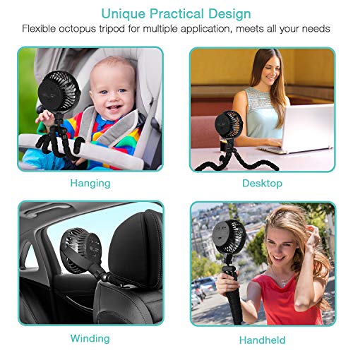 Ventilador Portátil Versátil de Escritorio Personal Batería 5200mAh con Trípode Flexible Ventilador USB Silencioso 360°Ajustable para Cochecito de Bebé, Cinta de Correr, etc.