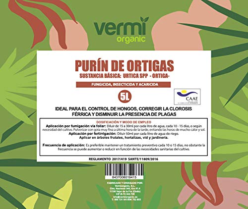 VERMIORGANIC Purin de Ortiga Ecológico, 5L. Insecticida, Fungicida, Acaricida para el Control de Hongos y para Corregir la clorosis férrica.