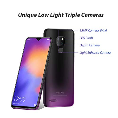Vernee M7 Smartphone 2019 Dual SIM 4G LTE 4GB RAM 64GB ROM 3 Cámaras Trasera 13MP 1 Cámara Frontal 8MP Gran Pantalla 6.1" Face ID 3500mAh Android 9 Sensor Dactilar Cuerpo Ultradelgado 6.9mm - Violeta