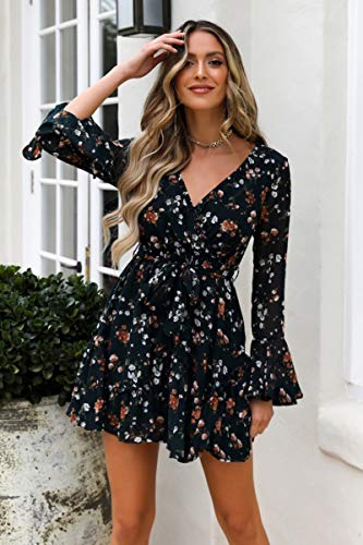 Vestido de Cóctel de Verano para Mujer con Mangas Largas A-línea de Cuello en V Estampado Floral con Cinturón de Cintura Alta (Negro, M)
