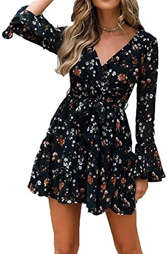 Vestido de Cóctel de Verano para Mujer con Mangas Largas A-línea de Cuello en V Estampado Floral con Cinturón de Cintura Alta (Negro, M)