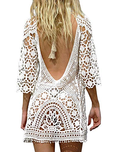 Vestido de Playa,Bikini Cover Up,Mujeres Bikini Encubrir,Sexy Hueco de Encaje,V-Cuello,One Size (One Size, Blanco)