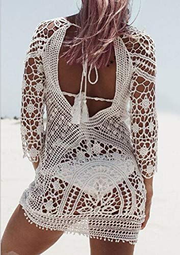 Vestido de Playa,Bikini Cover Up,Mujeres Bikini Encubrir,Sexy Hueco de Encaje,V-Cuello,One Size (One Size, Blanco)