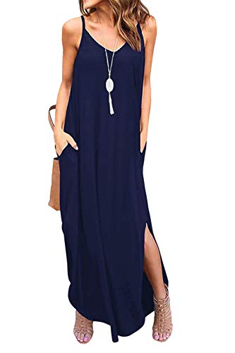 Vestidos Mujer Casual Playa Largos Boho Floral Maxi Vestido Bohemio Tirantes Playa Verano Azul Marino M