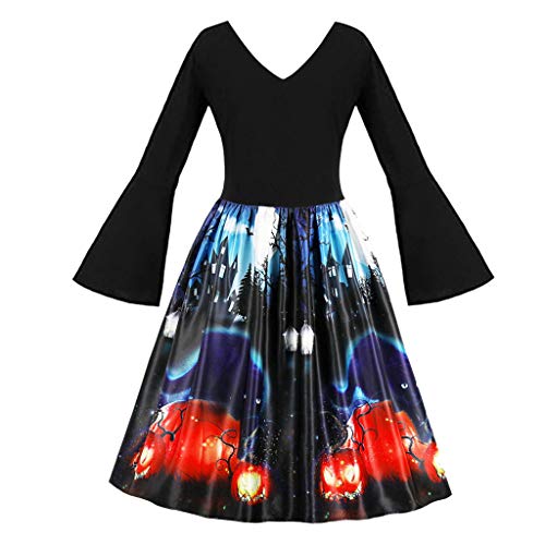 Vestidos Mujer Tallas Grandes Elegantes Vestido Mujer Casual Falda Largos de Fiesta Disfraz de Halloween de Manga De Llamarada para Mujer Calabaza Gato Negro Estampado Fantasma Vintage