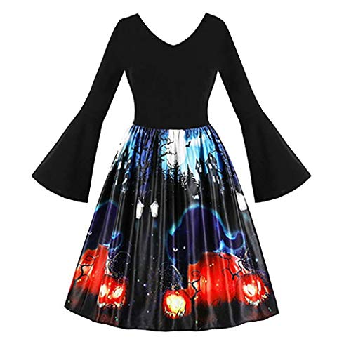 Vestidos Mujer Tallas Grandes Elegantes Vestido Mujer Casual Falda Largos de Fiesta Disfraz de Halloween de Manga De Llamarada para Mujer Calabaza Gato Negro Estampado Fantasma Vintage
