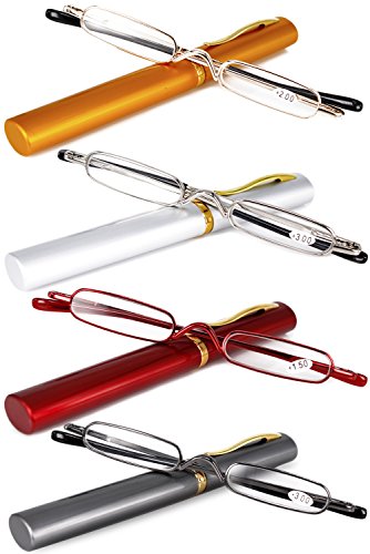 VEVESMUNDO Gafas de Lectura Hombres Mujer Portátil Metalicas Vista Presbicia Leer Anteojos Con Estrechas Funda 1.0 1.5 2.0 2.5 3.0 3.5 4.0 (1.5, Gris)