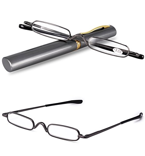 VEVESMUNDO Gafas de Lectura Hombres Mujer Portátil Metalicas Vista Presbicia Leer Anteojos Con Estrechas Funda 1.0 1.5 2.0 2.5 3.0 3.5 4.0 (1.5, Gris)