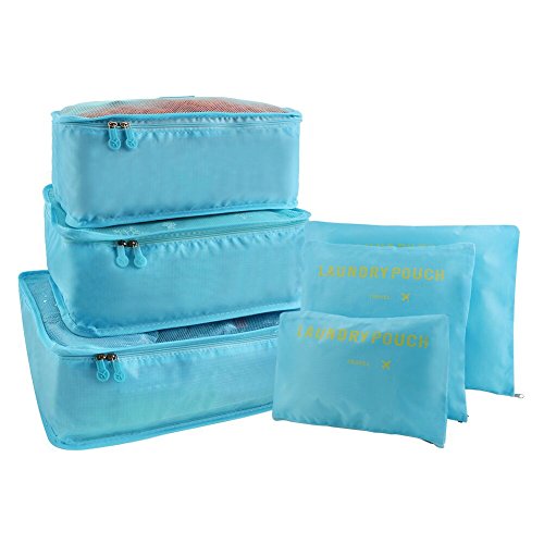 Vicloon 6 en 1 Set de Organizador de Equipaje,Impermeable Organizador de Maleta Bolsa Viaje con Bolsa de Zapato (Cielo Azul)