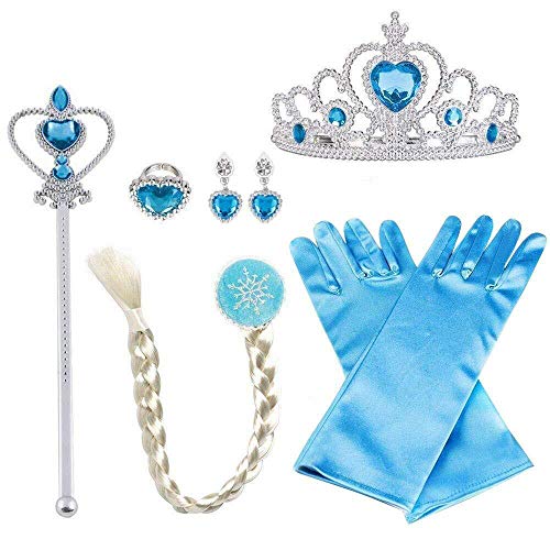 Vicloon 8 Piezas Conjunto con Accesorios de Princesa del Hielo Elsa, Contiene Guantes, Varita, Corona, Anillo, Pendientes y Trenza, para Halloween, Navidad, Fiestas, cumpleaños, Niña, 2-9 Años - Azul