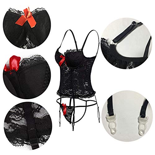 VicSec Corsé Lencería Conjunto de Encaje Transparente para Mujer, Sexy Ropa Interior Erótica Floral con Bustier + G-String + Correa Liguero (Negro, M)