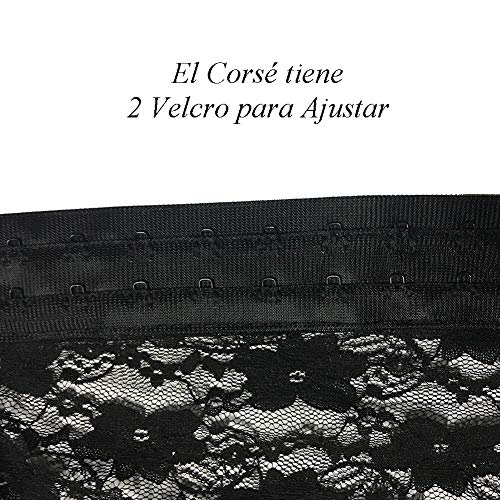 VicSec Corsé Lencería Conjunto de Encaje Transparente para Mujer, Sexy Ropa Interior Erótica Floral con Bustier + G-String + Correa Liguero (Negro, M)