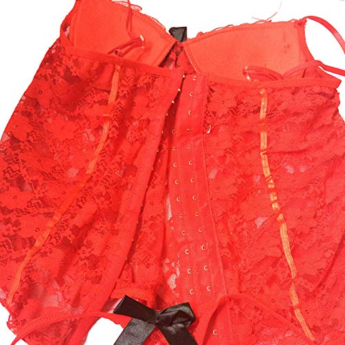 VicSec Corsé Lencería Conjunto de Encaje Transparente para Mujer, Sexy Ropa Interior Erótica Floral con Bustier + G-String + Correa Liguero (Rojo, M)