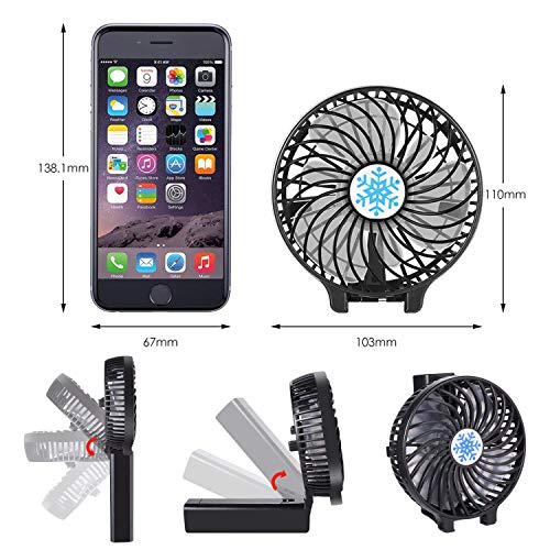 Victoper Mini Ventilador de Mano Portátil, Ventilador USB Portátil Plegable de Sobremesa 3 velocidades con 2600mAh Batería Recargable para Oficina/hogar/Exterior/C amping/Cochecito, etc (Negro)