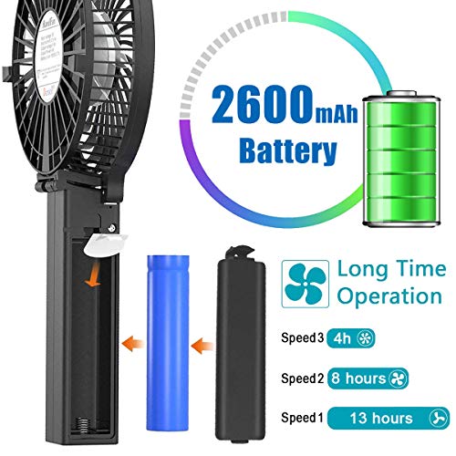 Victoper Mini Ventilador de Mano Portátil, Ventilador USB Portátil Plegable de Sobremesa 3 velocidades con 2600mAh Batería Recargable para Oficina/hogar/Exterior/C amping/Cochecito, etc (Negro)