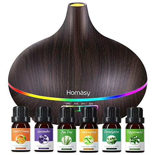 VicTsing Homasy 500 ml 6 10 ml Juego de aceites Esenciales, 23 dB Aromas con 14 Colores LED, difusor Ambiente hasta 15 Horas de Trabajo para Yoga, sin BPA, Oscuro, L