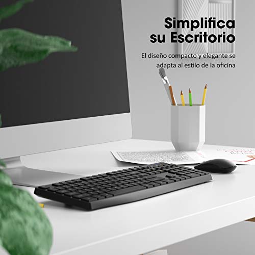VicTsing Pack Teclado y Ratón Inalámbrico 2.4G con 12 Teclas Multimedia Anti-Splash Teclado Choclate, dpi 1600, QWERTY Español para PC, Computadora y Portátil
