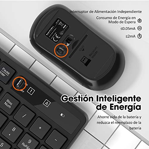 VicTsing Pack Teclado y Ratón Inalámbrico 2.4G con 12 Teclas Multimedia Anti-Splash Teclado Choclate, dpi 1600, QWERTY Español para PC, Computadora y Portátil