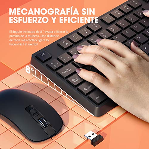 VicTsing Pack Teclado y Ratón Inalámbrico 2.4G con 12 Teclas Multimedia Anti-Splash Teclado Choclate, dpi 1600, QWERTY Español para PC, Computadora y Portátil