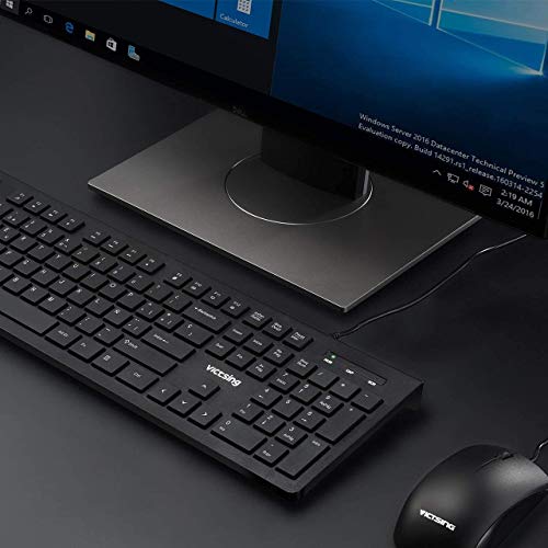 VicTsing Teclado con Cable para Windows/Mac, Llaves Chiclet para(Español QWERTY), Teclado de PC USB, Resistante a Líquido, Barra Espaciadora Curvada, Tamaño clásico, PC/Portátil(Negro)