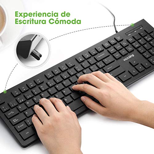 VicTsing Teclado con Cable para Windows/Mac, Llaves Chiclet para(Español QWERTY), Teclado de PC USB, Resistante a Líquido, Barra Espaciadora Curvada, Tamaño clásico, PC/Portátil(Negro)